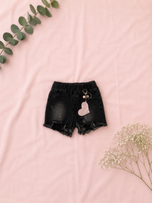 heart charm black denim shorts