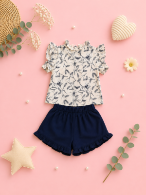 navy blossom shorts set